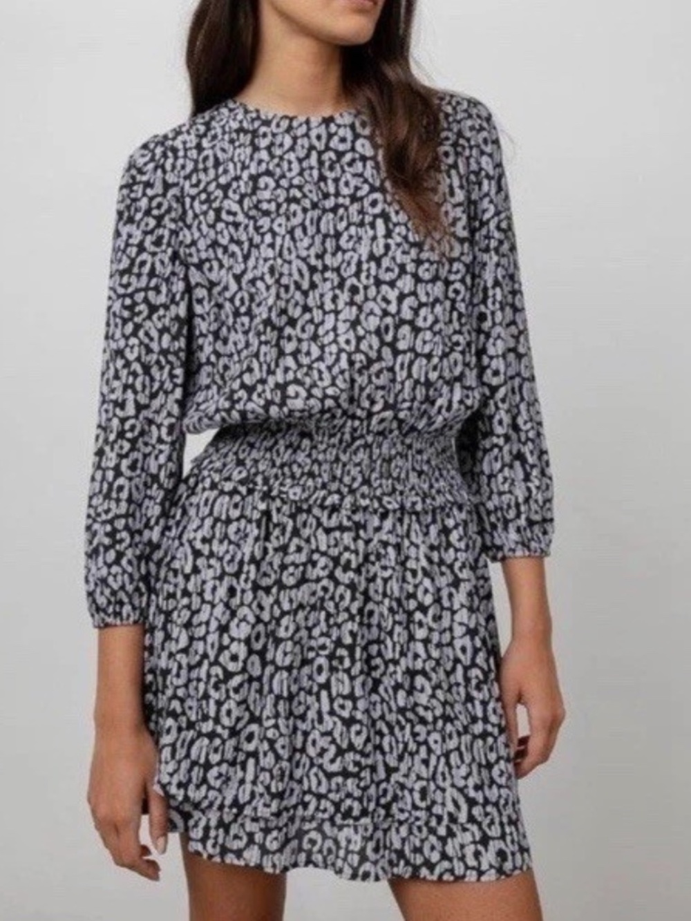 RAILS Inez Black Batik Cheetah Mini Dress Smocked Waist SMALL